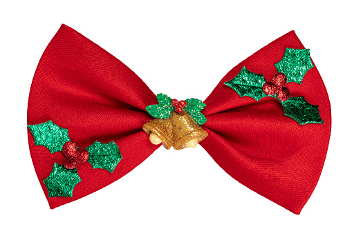 Top view of red Christmas bow tie, isolated on white background.