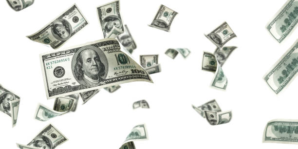 istock Money stack. Hundred dollars of America. Falling money isolated, us bill white background. 1347069929