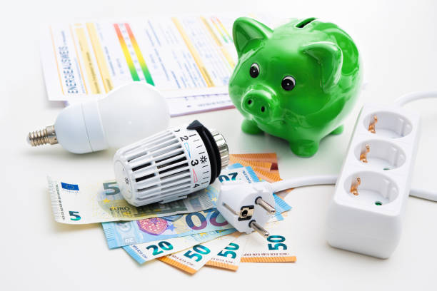 Energy cost, saving energy concept Energy cost, saving energy concept. Piggy bank with money, plug, bulb and radiator thermostat on white background energy bill photos stock pictures, royalty-free photos & images