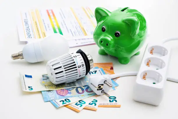Energy cost, saving energy concept. Piggy bank with money, plug, bulb and radiator thermostat on white background