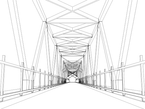 Truss bridge model perspective view. Outline frame model over white background, 3d rendering illustration