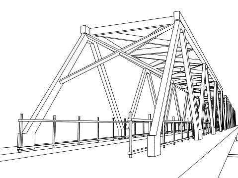 Modern truss bridge model. Outline frame model over white background, 3d rendering illustration