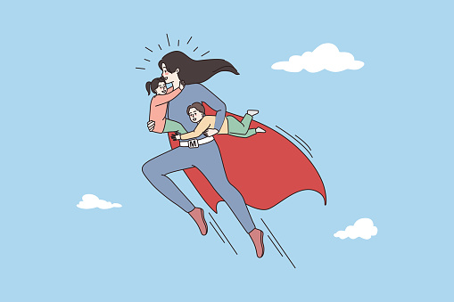 Mother superhero with children do daily routine