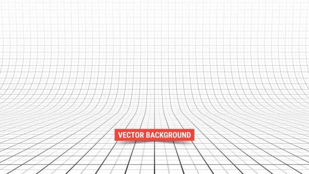 latar belakang studio dengan mesh. grid perspektif melengkung dengan garis besar dan kecil. - sudut pandang ilustrasi stok