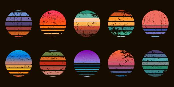 Retro 90s abstract ocean sunset circle badges. Surf beach graphic sunrise with gradient and grunge texture. Neon vintage sunset vector set vector art illustration