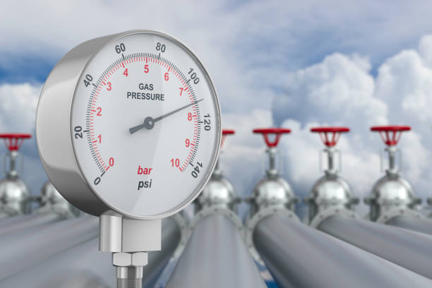 manómetro y tuberías de fila. recursos de tránsito. ilustración 3d - pressure gauge gauge physical pressure pipeline fotografías e imágenes de stock