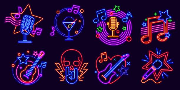 illustrations, cliparts, dessins animés et icônes de enseignes au néon pour le club de karaoké et le spectacle d’humour debout. soirée musicale logo lumineux avec microphones et note. jeu de vecteurs d’événements de barre de karaoké - neon light disco lights illuminated nightlife