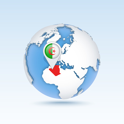 Algeria - country map and flag located on globe, world map. 3D Vector illustration