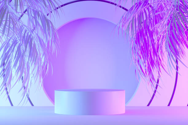 istock Empty Podium, Platform, Stand, Exhibition, Neon Lights, Palm Trees 1347078573