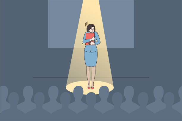 Anxious woman speaker feel scared of public speaking Anxious young woman speaker or presenter feel scared nervous of public speaking. Worried female stand on stage unconfident shy talking making presentation in front of audience. Vector illustration. embarrassed stock illustrations