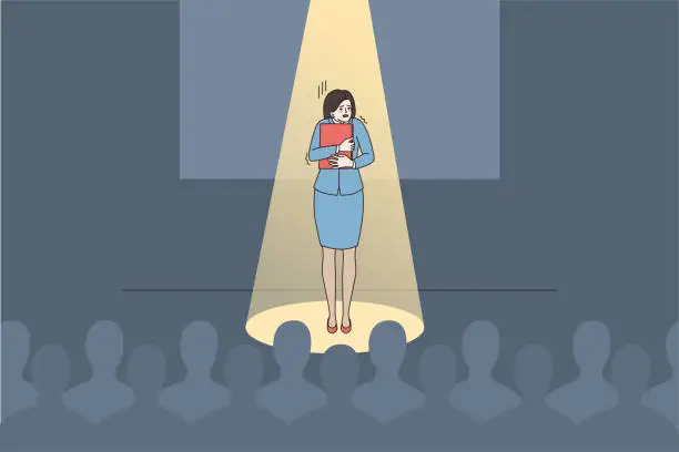 Vector illustration of Anxious woman speaker feel scared of public speaking
