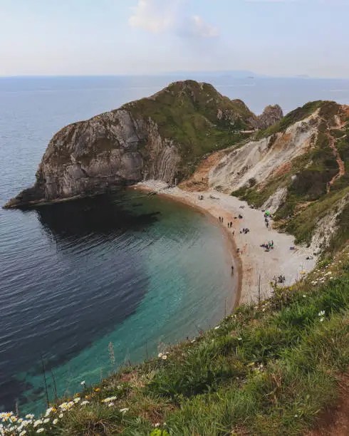 Colourful image of the Dorset coast line with the beach and cliffs