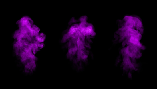 Set close-up of floating purple smoke. isolated on a black background