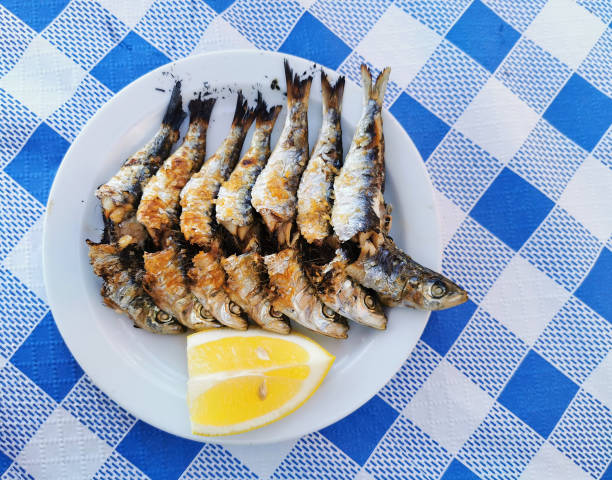 istock View of a typical sardine skewer on plate with copy space 1347083284