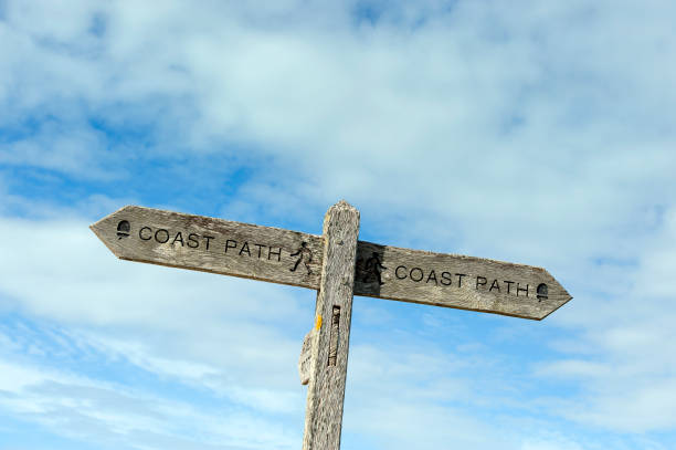 Wooden Coastal Footpath sign, Isle of Portland, Dorset, England. stock photo