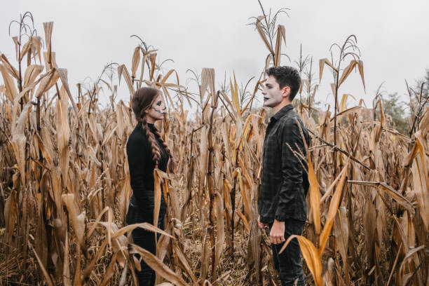 istock Disguised couple looking at each other, Halloween concept 1347086899