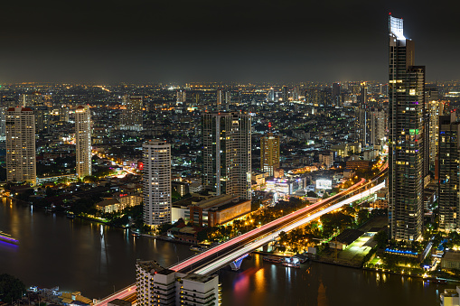 Bangkok, Thailand - October 20, 2020 : Bangkok city view at night Along the Chao Phraya River