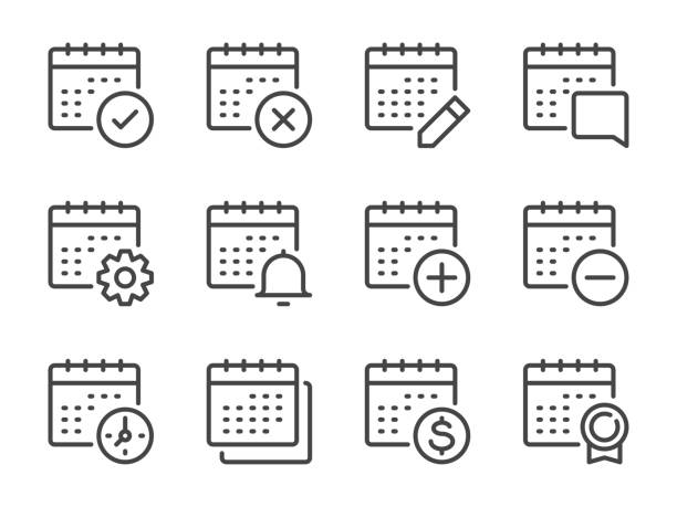 ilustraciones, imágenes clip art, dibujos animados e iconos de stock de iconos de línea calendario y horario. fecha, configuración del calendario y conjunto de iconos de contorno vectorial de programación. - calendario