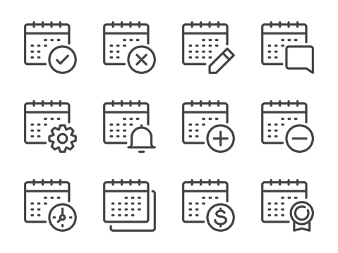 Calendar and Timetable line icons. Date, Calendar settings and Schedule vector outline icon set.