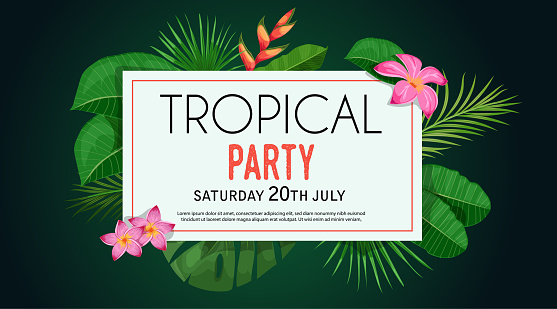 Tropical banner design template. Dark green theme with orange thin frame. Palm, Monstera leaves, tropical exotic flowers. Best for invitations, flyers, party posters. Vector illustration.