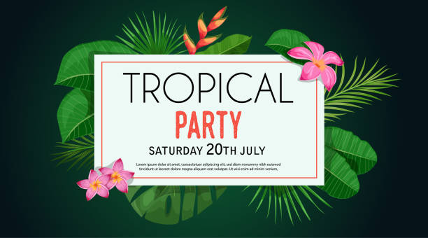 Tropical banner design template. Dark green theme with orange thin frame. Palm, Monstera leaves, tropical exotic flowers. Best for invitations, flyers, party posters. Vector illustration. Tropical banner design template. Dark green theme with orange thin frame. Palm, Monstera leaves, tropical exotic flowers. Best for invitations, flyers, party posters. Vector illustration. tropical blossom stock illustrations