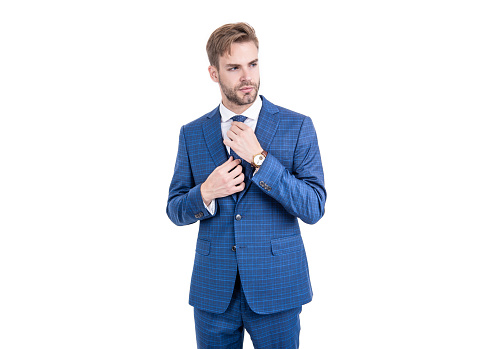 Handsome professional wear classic blue suit and tie formalwear isolated on white, dressing for success.