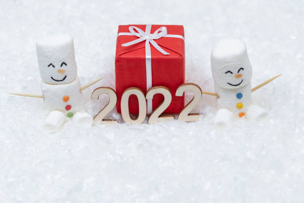 New Year and Merry Christmas 2022. Snowman from marshmallows. New Year theme. stock photo