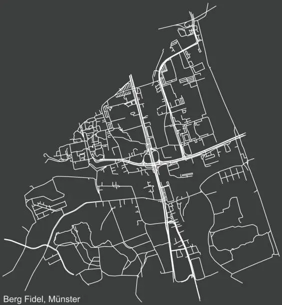 Vector illustration of Dark negative street roads map of the Berg Fidel district of Münster-Muenster, Germany