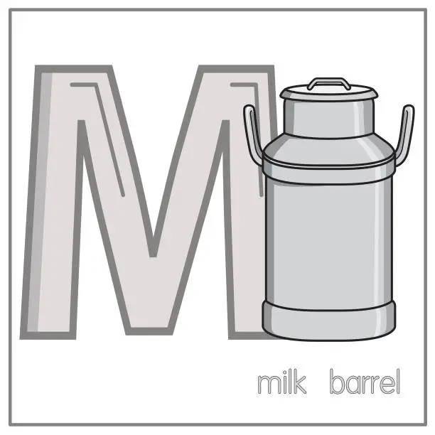 Vector illustration of Vector illustration of Milk barrel with alphabet letter M Upper case or capital letter for children learning practice ABC