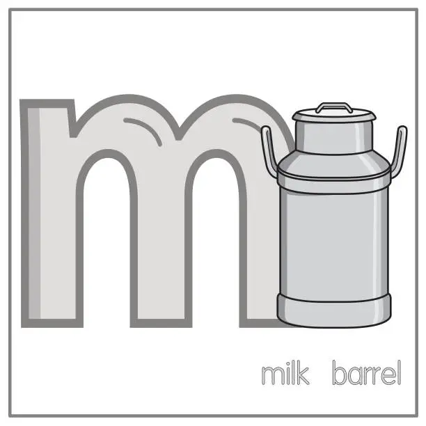 Vector illustration of Vector illustration of Milk barrel with alphabet letter M Lower case for children learning practice ABC