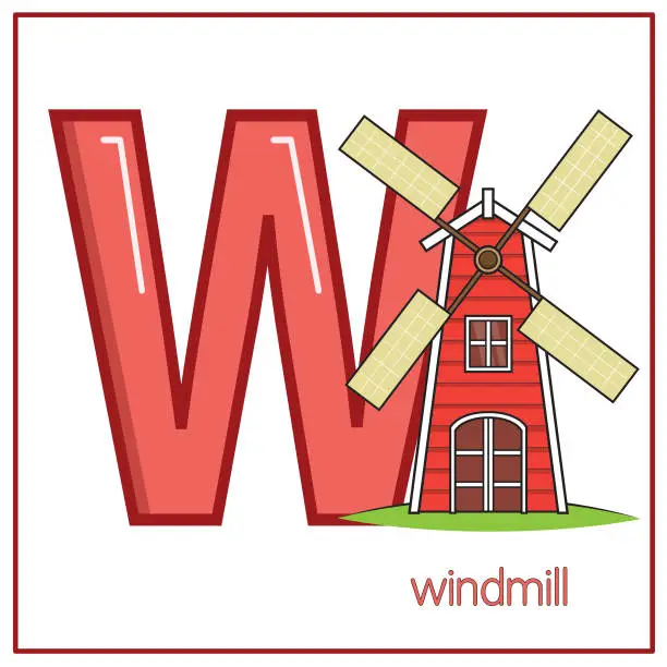 Vector illustration of Vector illustration of Windmill with alphabet letter W Upper case or capital letter for children learning practice ABC