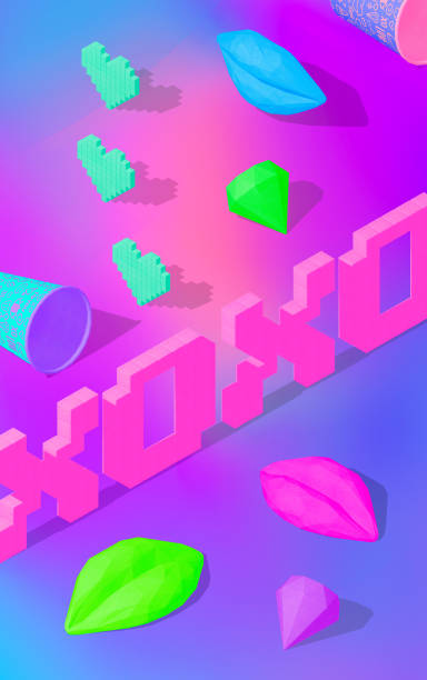 istock 3d render fashion collage isometry scene. Stylish text Xoxo and mini objects  in purple gradient space. Valentine's day, party shop, congratulations, birthday concept. Vertical wallpaper 1347091781