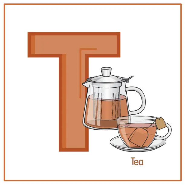 Vector illustration of Vector illustration of Tea with alphabet letter T Upper case or capital letter for children learning practice ABC