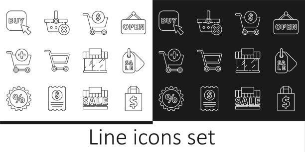 Set line Shoping bag and dollar, Price tag with Sale, Shopping cart, Add to, Buy button, building or market store and Remove shopping basket icon. Vector Set line Shoping bag and dollar Price tag with Sale Shopping cart Add to Buy button building or market store and Remove shopping basket icon. Vector. priority baggage tag stock illustrations