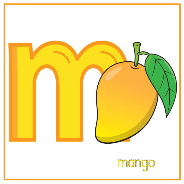 練習abcを学ぶ子供のためのアルファベット文字m小文字とマンゴーのベクトルイラスト - letter m alphabet food fruit点のイラスト素材／クリップアート素材／マンガ素材／アイコン素材