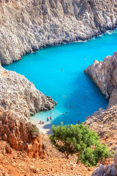 Photo of Seitan limania or Agiou Stefanou, the heavenly beach with turquoise water.Chania, Akrotiri, Crete, Greece.