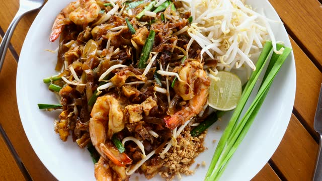 Top View of Pad Thai Noodle, Traditional Dish of Fried Rice Noodles with Shrimp