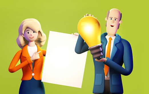 Business people with light bulb, 3D rendering illustration