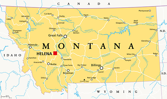 Montana, MT, political map with the capital Helena. State in the Mountain West subregion of the Western United States of America, nicknamed Big Sky Country and The Treasure State. Illustration. Vector