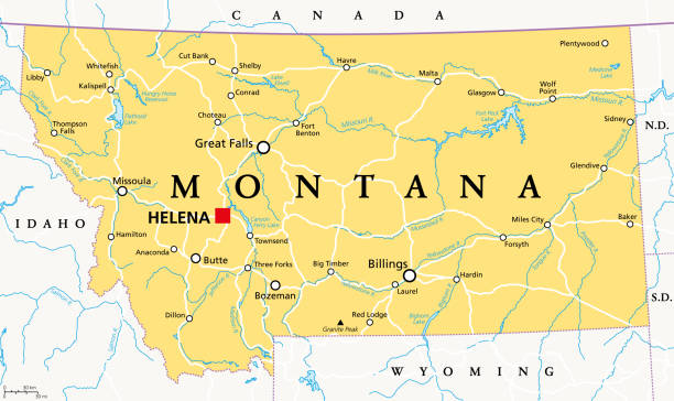 Montana, MT, political map, US state, Big Sky Country Montana, MT, political map with the capital Helena. State in the Mountain West subregion of the Western United States of America, nicknamed Big Sky Country and The Treasure State. Illustration. Vector wyoming stock illustrations