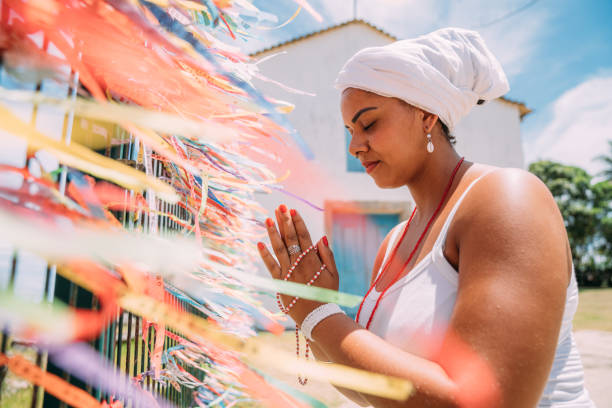 happy brazilian woman dressed in traditional bahian costume - traditional culture religion church travel imagens e fotografias de stock