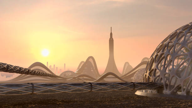 istock Futuristic city skyline sunset 1347097399