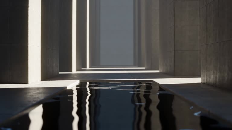 4k Abstract architectural background. Concrete minimalistic interior with large columns and a water body with reflections