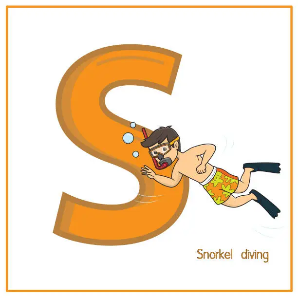 Vector illustration of Vector illustration of Snorkel Diving with alphabet letter S Upper case or capital letter for children learning practice ABC