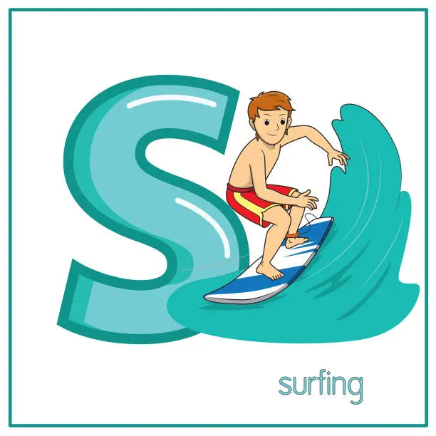 Vector illustration of Vector illustration of Surfing with alphabet letter S Lower case  for children learning practice ABC
