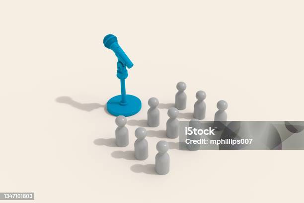 3d Microphone And Audience Stock Photo - Download Image Now - Town Hall Meeting, Abstract, Meeting