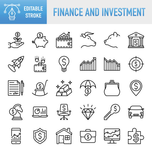 Koleksi Ikon Keuangan dan Investasi - Set ikon vektor garis tipis. 30 ikon linear. Pixel sempurna. Stroke yang dapat diedit. Untuk Mobile dan Web. Set berisi ikon: Keuangan, Tabungan Uang, Bank, Perbankan, Modal, Kontrol Keuangan, Manajemen Uang, Investasi