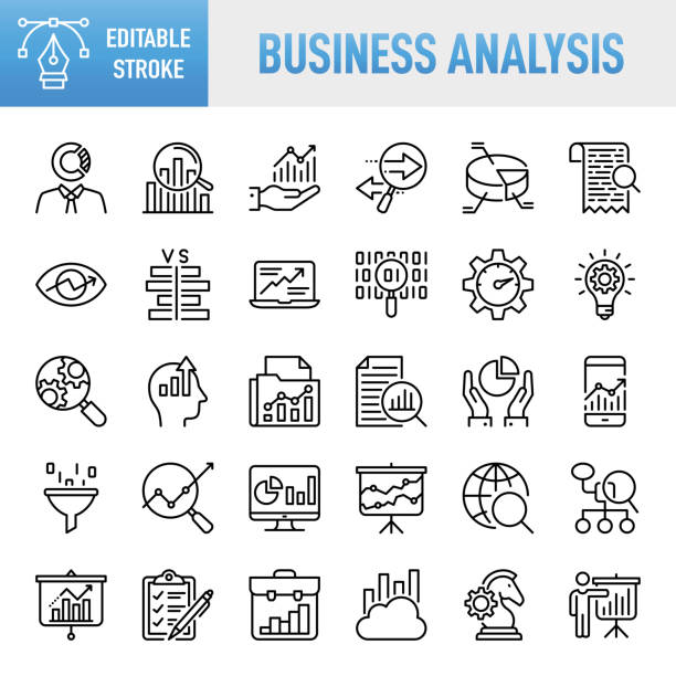ビジネス分析 - 細線ベクトルアイコンセット。ピクセルパーフェクト。編集可能なストローク。モバイルとウェブ用。セットには、分析、データ、ビッグデータ、リサーチ、検査、チャート� - business growth solution assistance点のイラスト素材／クリップアート素材／マンガ素材／アイコン素材