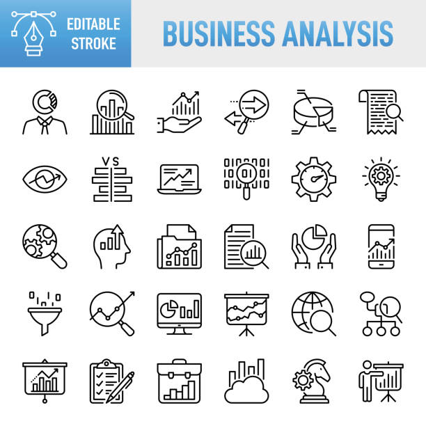 stockillustraties, clipart, cartoons en iconen met business analysis - thin line vector icon set. pixel perfect. editable stroke. for mobile and web. the set contains icons: analyzing, data, big data, research, examining, chart, diagram, expertise, planning, advice - business