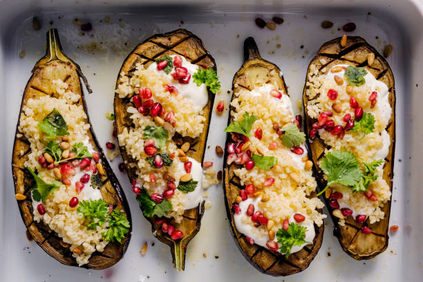 Roasted Aubergine with Bulgar and Pomegranate